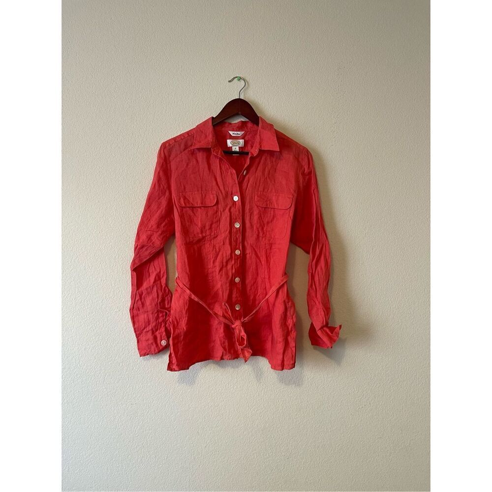 Talbots Irish linen pink long‎ sleeve lightweight tie waist blouse size 10